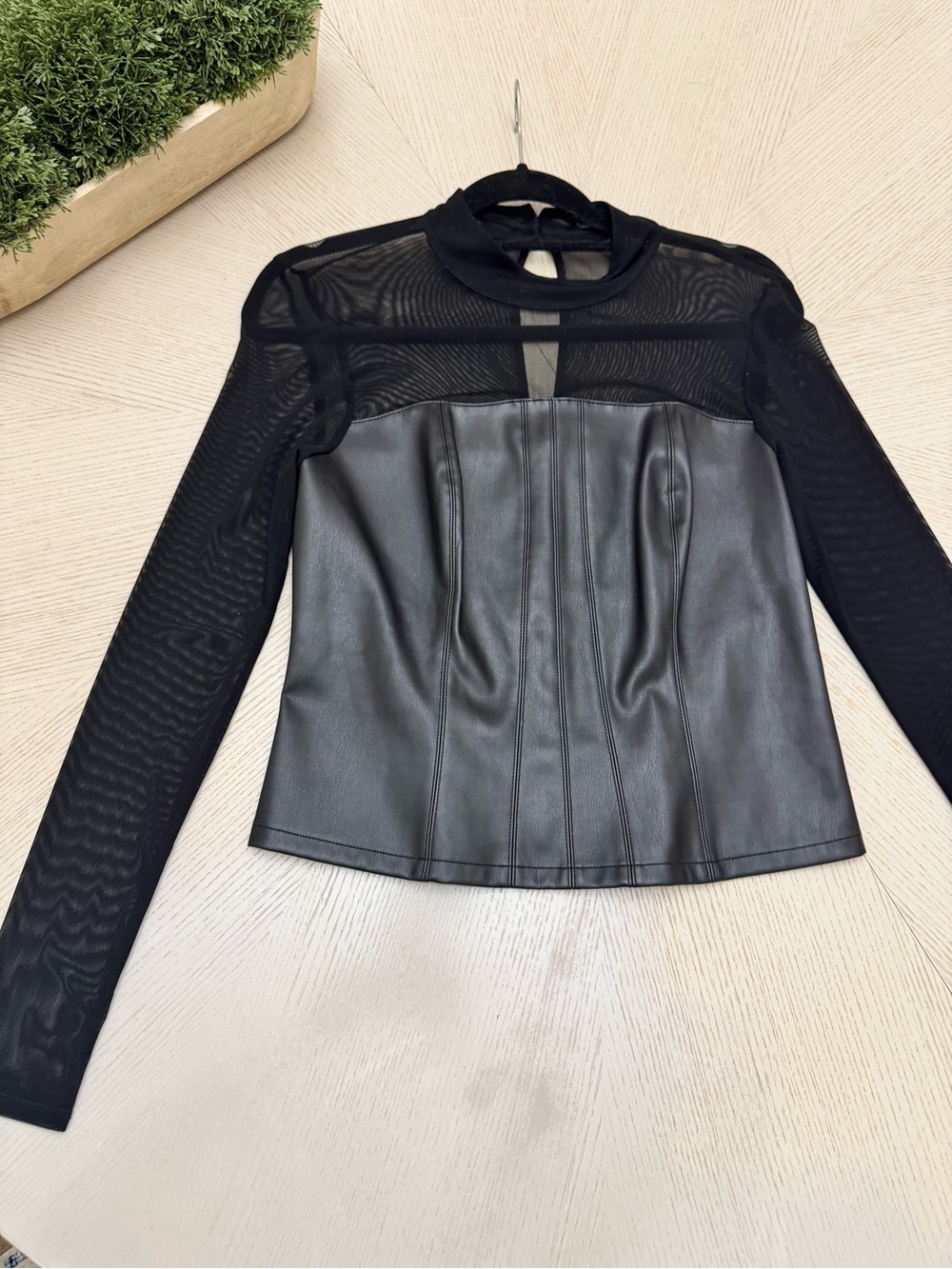 Bar III Black Faux Leather and Sheer Mesh Long Sleeve Top